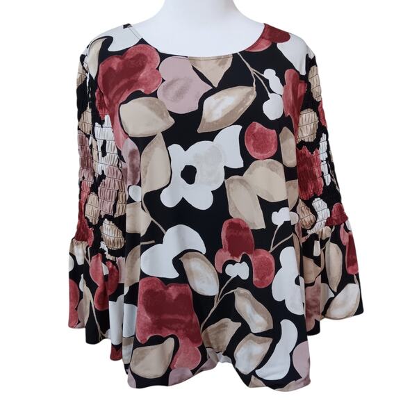 Alfani Top Blouse Stretchy L Floral Romantic Smocked Flare Sleeves Dressy Career - Picture 11 of 12